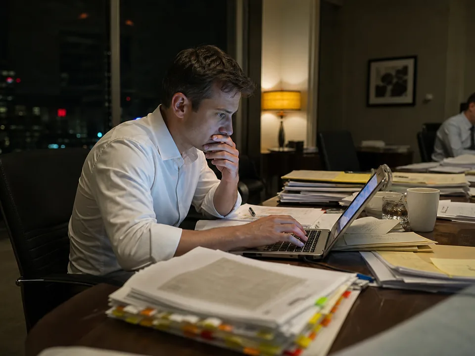 Trial attorney reading a court opinion on a laptop at a conference table covered in flagged deposition transcripts