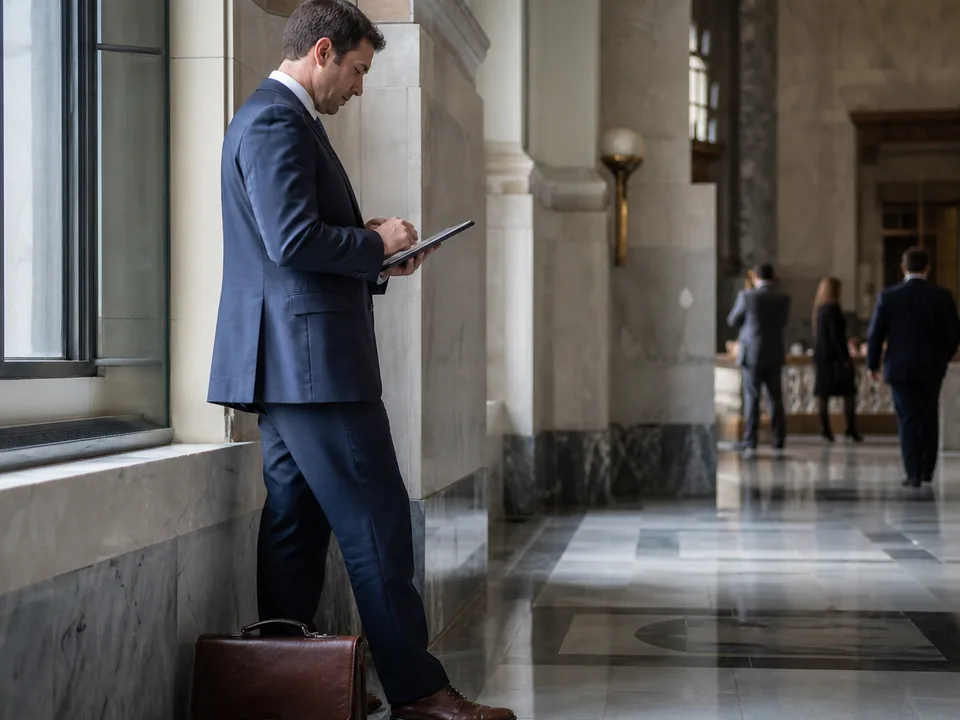Attorney reviewing notes on a tablet in a courthouse hallway before a bankruptcy hearing