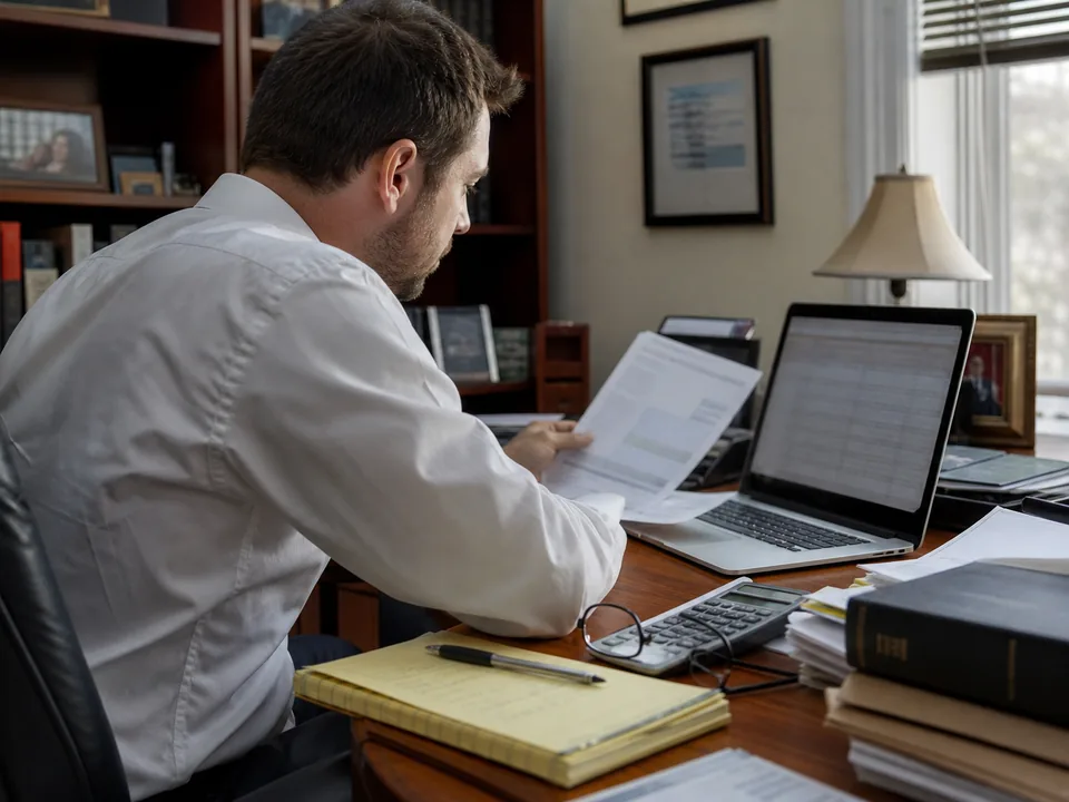 Solo bankruptcy lawyer comparing a software renewal invoice against a laptop at a wooden desk