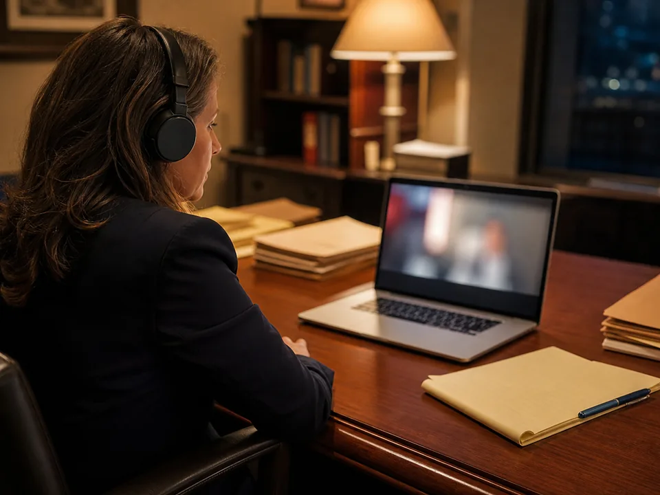 Defense attorney with headphones reviewing video evidence on a laptop beside closed case folders