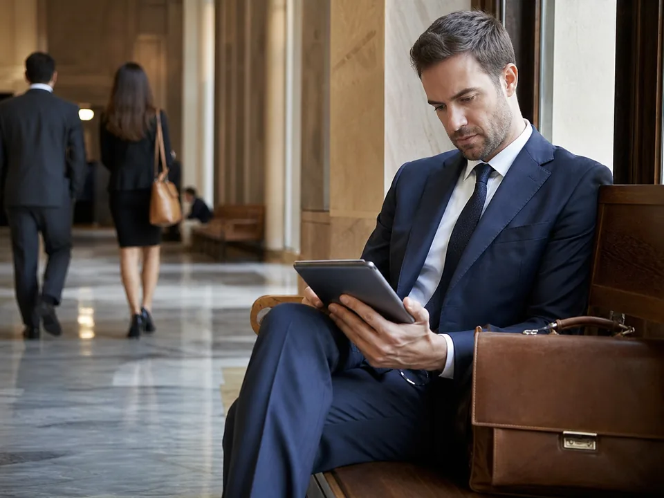 Defense lawyer reading case law on a tablet on a courthouse bench before a hearing