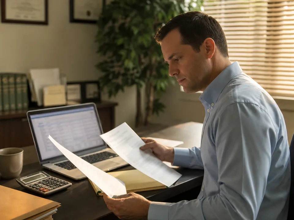 Paralegal comparing two research subscription invoices at a law firm desk with a laptop and calculator