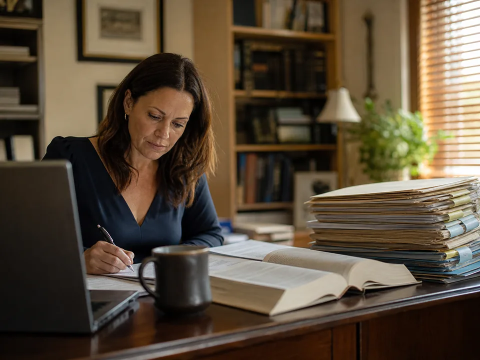 Trusts and estates lawyer researching case law on a laptop beside probate files