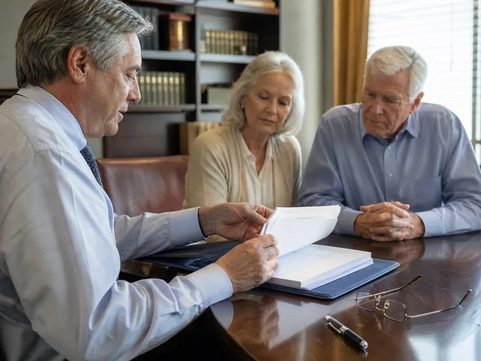 Estate planning attorney reviewing a bound trust document with an older couple at a conference table