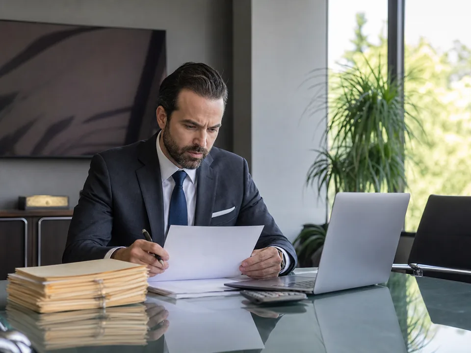 Law firm partner reading a software quote at a glass conference table beside a stack of client files and a laptop