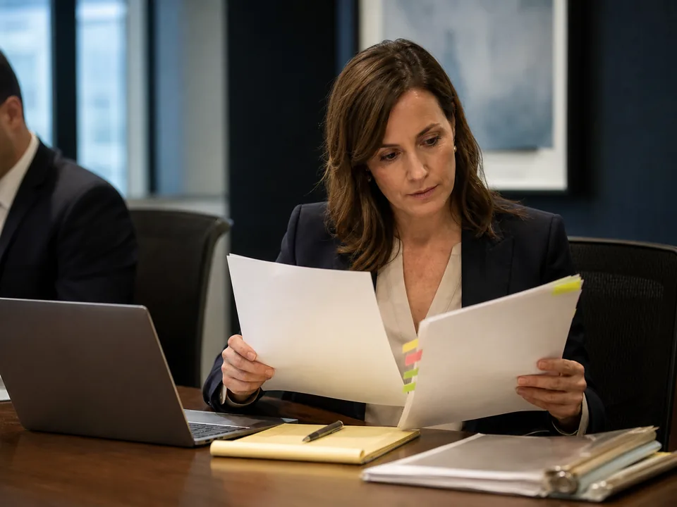 Litigation attorney reviewing an expert witness deposition transcript and CV at a law office conference table