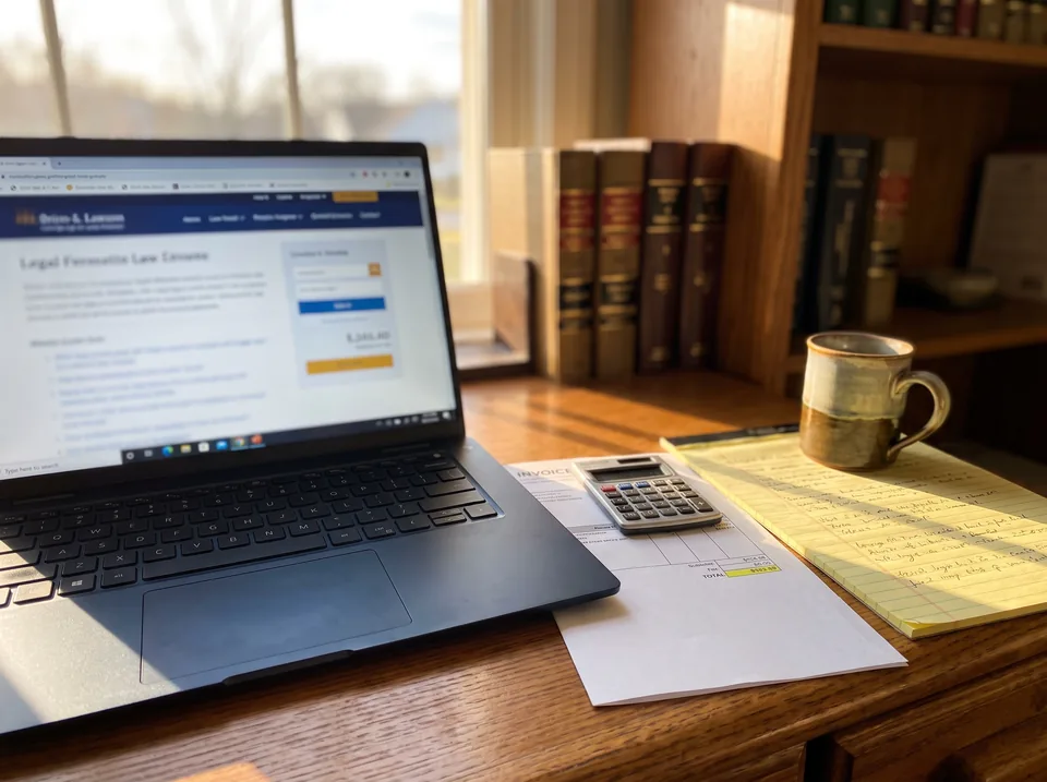 Law office desk with a laptop, a subscription invoice and a legal pad, comparing legal research costs