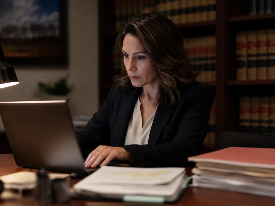 Plaintiff attorney reading a court opinion on a laptop beside an accident report and an insurance claim folder