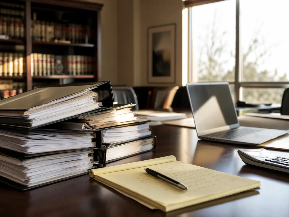 Law office conference table stacked with binders of medical records and bills next to an open laptop and a legal pad