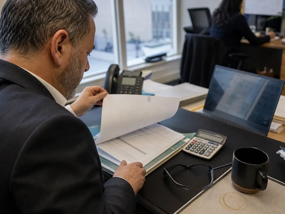 Agency lawyer flipping through a printed purchase order beside a calculator and laptop