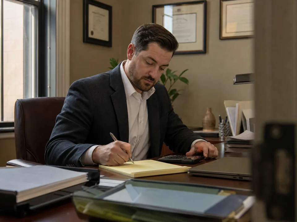 Solo estate planning lawyer comparing software membership costs with a calculator and notepad